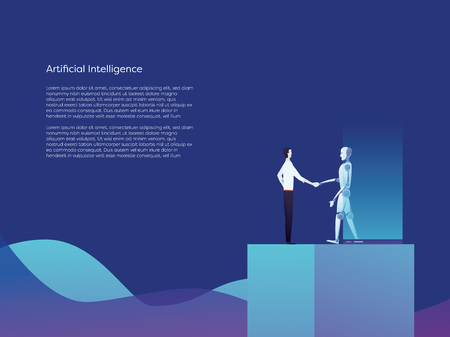 Artificial intelligence robot and businessman shaking hands vector concept. Symbol of new technology, future, innovation, inventions. Eps10 vector illustration.のイラスト素材