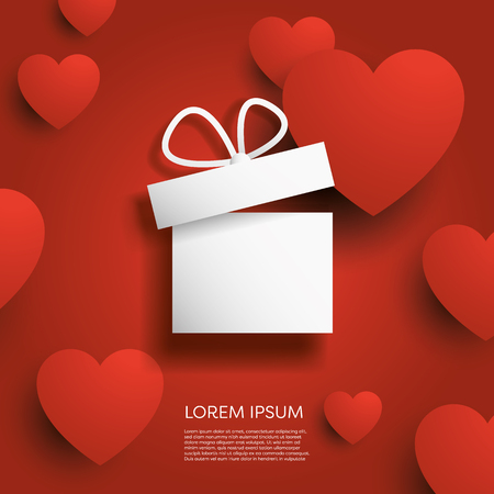Valentine's day card vector template with gift or present and 3d hearts in background. Shopping and sale promotion and advertisement. Eps10 vector illustration.のイラスト素材