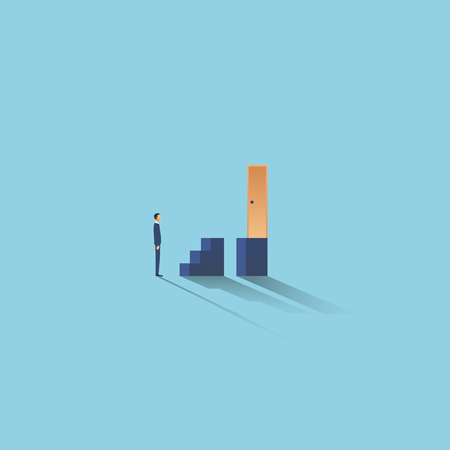 Business challenge vector concept with businessman standing in front of steps. Symbol of overcoming problems, obstacles, issues, solving complex situations. Eps10 vector illustration.のイラスト素材