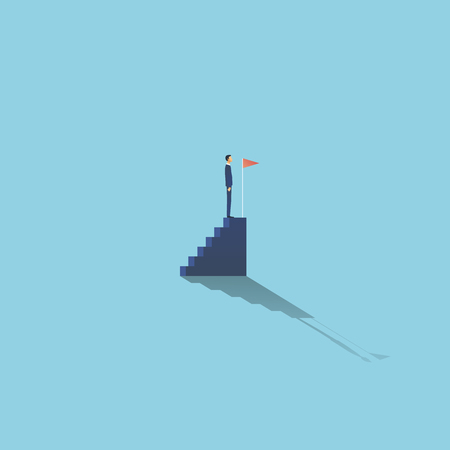 Business achievement and success vector concept with businessman standing on top of stairs. Symbol of completing plan, reaching goals and milestones. Eps10 vector illustration.のイラスト素材