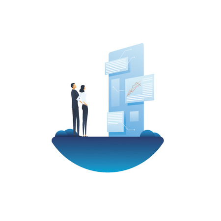 Business report and analysis vector concept with businessman and businesswoman looking at document. Symbol of planning, strategy, data analytics and management. Eps10 vector illustration.のイラスト素材