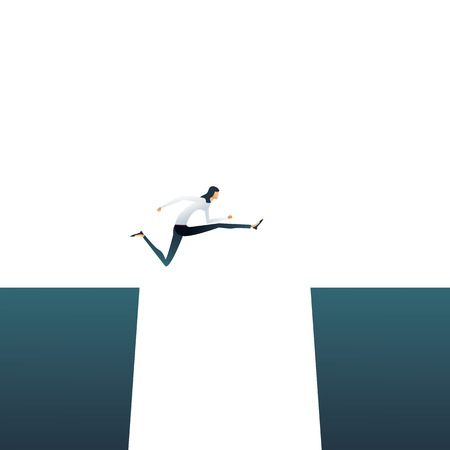 Overcome challenges for businesswoman business vector concept. Woman jumping over gap. Symbol of emancipation, feminism, career progress. Eps10 vector illustration.のイラスト素材
