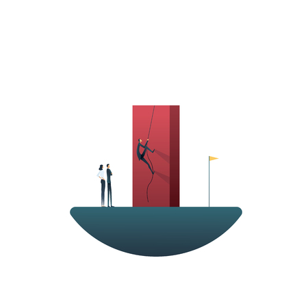 Business leadership vector concept with businessman climbing over wall towards goal. Symbol of business leader, aim, overcoming challenge, objective, teamwork. Eps10 vector illustration.のイラスト素材