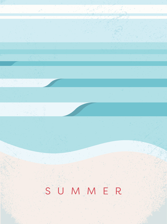 Beautiful summer poster template, minimalist art pastel colors vector illustration. Ocean waves crashing on beach. Symbol of vacation, recreation, holiday.のイラスト素材