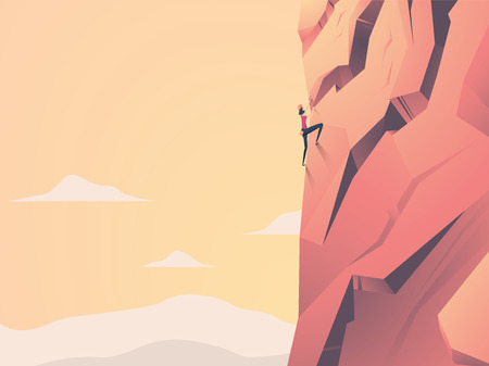 Woman climbing cliff rock face on mountain in sunset vector concept. Symbol of girl power, strength, motivation, ambition, overcome challenge. Extreme sport, active lifestyle. Eps10 illustration.のイラスト素材