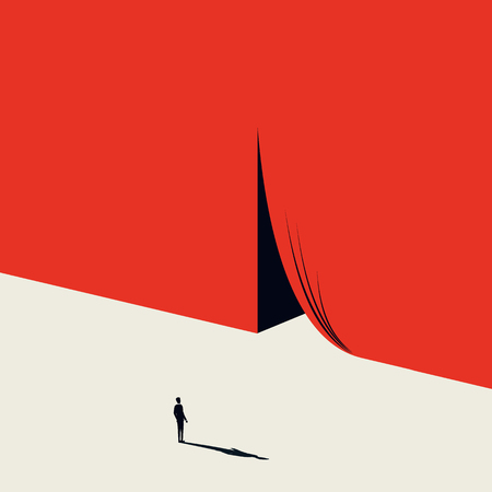 Business opportunity and challenge vector concept with businessman and curtains opening. Minimalist artistic style. Symbol of achievement, motivation, success, new job, beginning. Eps10 illustration.のイラスト素材