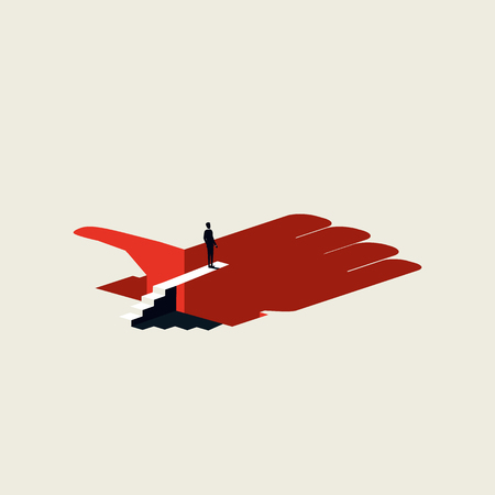 Social media addiction vector concept with man standing on jumping bord over hole. Minimalist artistic style. Symbol of internet danger, risk, negative effect on mental health. Eps10 vector.のイラスト素材