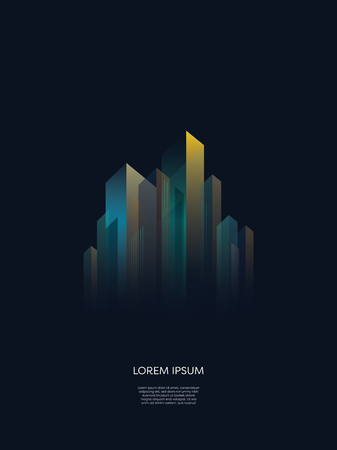 Abstract night cityscape skyline vector background. Geometric shapes of buildings, skyscrapers in perspective. Neon and gold colors, luxury style, isolated. Eps10 vector illustration.のイラスト素材