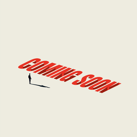Coming soon sign or banner vector template background with minimalist businessman. Under construction announcement.のイラスト素材