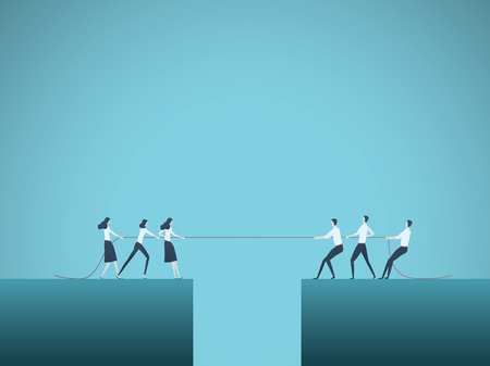Business competition vector concept with teams in tug of war pulling rope over gap, abyss. Symbol of competitive fight, struggle, challenge for leadership. Eps10 illustration.のイラスト素材