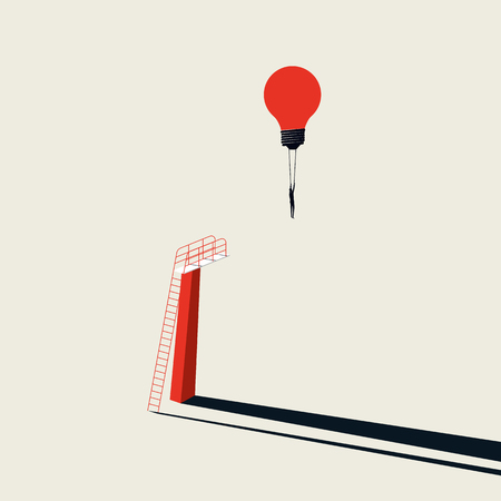 Business creative solution vector concept with businessman flying lightbulb from jumping board. Minimalist art style. Symbol of innovation, brainstorming, development, progress. Eps10 illustration.のイラスト素材