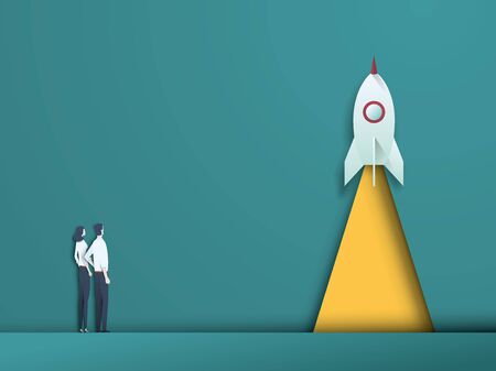 Business startup vector concept with team looking at rocket launching. Symbol of innovation, new technology, investment, venture business. EPs10 illustration.のイラスト素材
