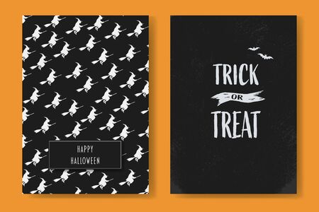Halloween card set with two holiday postcards with pattern and trick or treat text. Symbol of seasonal holiday, party invitation. Eps10 illustration.のイラスト素材