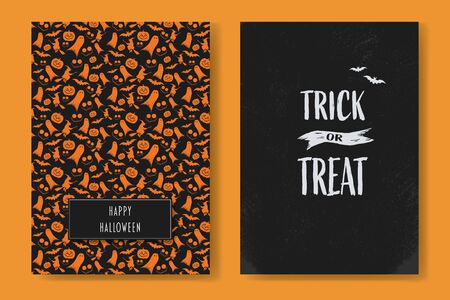 Halloween card set with two holiday postcards with pattern and trick or treat text. Symbol of seasonal holiday, party invitation. Eps10 illustration.のイラスト素材