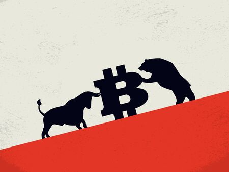 Bear vs bull on bitcoin cryptocurrency market vector concept. Symol of investment, buy, sell strategy, profit and loss.のイラスト素材