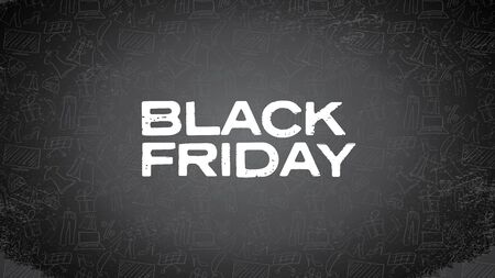 Black Friday sale web header vector banner template with pattern background with shopping objects and grunge worn edges. Discounts, deals, special offers promotion and advertising. Eps10 illustration.のイラスト素材