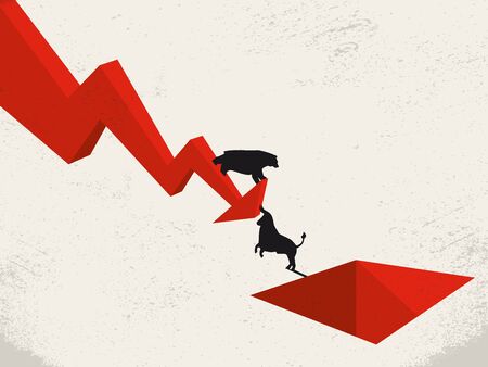 Bearish financial stock market vector concept with bear pushing bull down. Sell positions, investment and recession.のイラスト素材