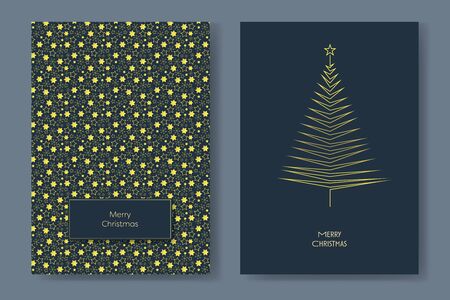 Two christmas card vector templates with gold glittery christmas trees with minimalist geometry shapes. Holiday season decoration.のイラスト素材