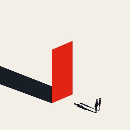 Business obstacle vector concept with businessman and woman looking at wall. Symbol of finding solutions.のイラスト素材