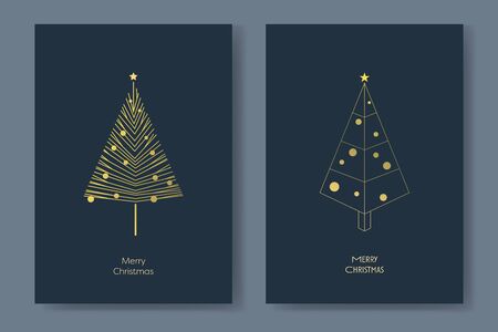 Two christmas card vector templates with gold glittery christmas trees with minimalist geometry shapes. Holiday season decoration.のイラスト素材