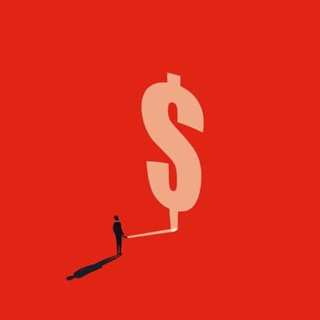 Business investment vector concept, businessman with flashlight and dollar sign. Symbol of money, profit, banking.のイラスト素材