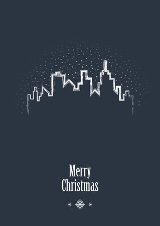 Christmas card vector template with vintage skyline and snowing in background. Holiday postcard with space for message.のイラスト素材