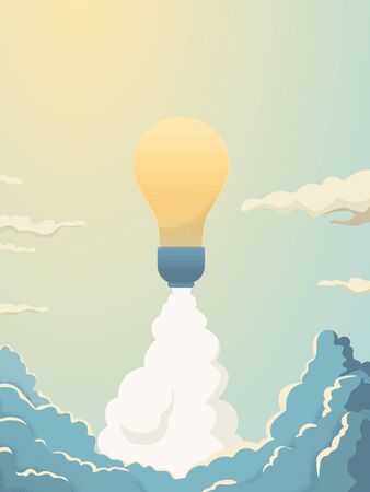 Creativity vector concept with lightbulb space rocket launch into space. Symbol of innovation, invention, new business, ideas and future. Eps10 illustration.のイラスト素材
