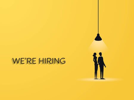 Hiring vector concept with man and woman under spotlight. Job and career opportunity advertisement banner.のイラスト素材