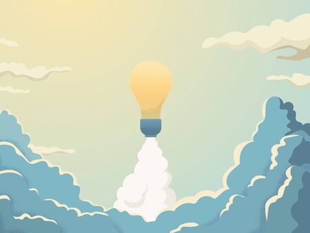 Creativity vector concept with lightbulb space rocket launch into space. Symbol of innovation, invention, new business, ideas and future. Eps10 illustration.のイラスト素材
