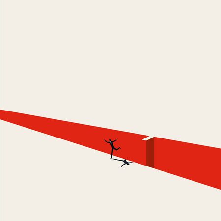 Overcome business and financial challenge, risk, danger vector concept. Man jumps over gap. Symbol of recovery, courage, achievement, success. Eps10 illustration.のイラスト素材