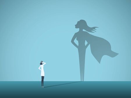 Female doctor looking at superhero shadow on the wall. Hospital staff, nurses heroes fight coronavirus pandemic.のイラスト素材