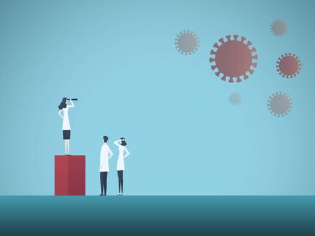 Team of scientist looking for cure or vaccine to fight coronavirus or covid-19 vector concept.のイラスト素材