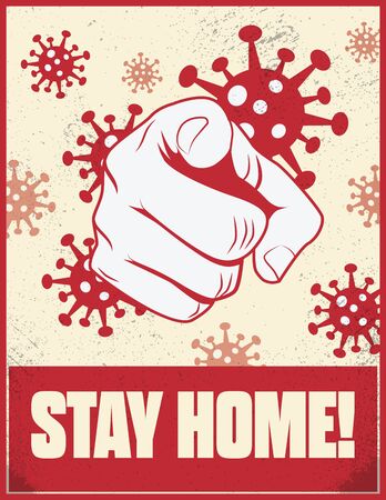 Stay home order vector poster template with hand pointing and coronavirus or covid-19 in background.のイラスト素材