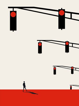 Carry on with life when everything is stopped vector concept. Man walking on red lightsのイラスト素材