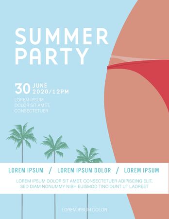Summer party or festival vector poster template with hot girl in bikini. Leaflet or flyer template with palm trees, copy space.のイラスト素材