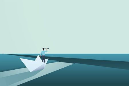 Business challenge vector concept with entrepreneur in paper boat. Symbol of vision, solution, motivation.のイラスト素材