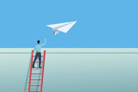 Business challenge and overcome vector concept. Entrepreneur sending paper plane over wall.のイラスト素材