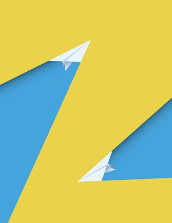 Two paper planes flying in opposite directions on yellow background. Symbol of freedom, success. Eps10 illustration.のイラスト素材