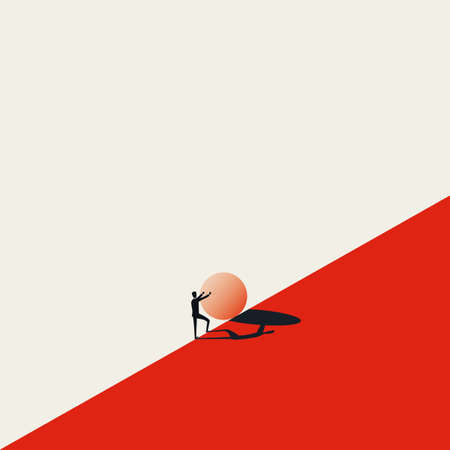 Business challenge vector concept with sisyphus pushing stone uphill. Symbol of struggle, strong effort, opportunity.のイラスト素材