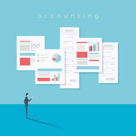 Accounting website vector illustration with documents, reports, analysis and audit symbols.のイラスト素材