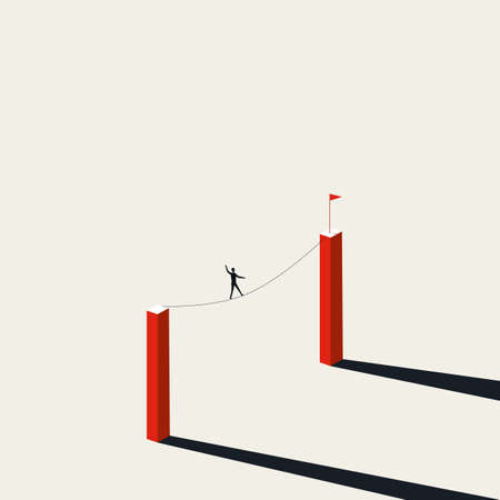 Buisnessman walking tightrope vector concept. Symbol of business risk, courage, overcome challenges.のイラスト素材