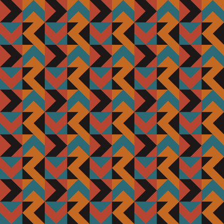 Retro geometric vintage seamless vector pattern illustration. Brown, blue, black arrows with optical...