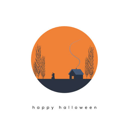 Halloween card vector template with witch walking to a house. Holiday postcard with message.のイラスト素材