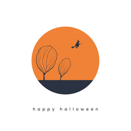 Halloween card vector template with witch flying on a broom in fall landscape. Holiday postcard with message.のイラスト素材