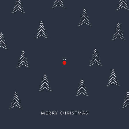 Minimal design Christmas card vector template with red nose reindeer in woods. Winter holiday landscape.のイラスト素材