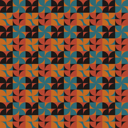 Retro geometric vintage seamless vector pattern illustration. Brown, blue, black shapes with optical illusion.のイラスト素材