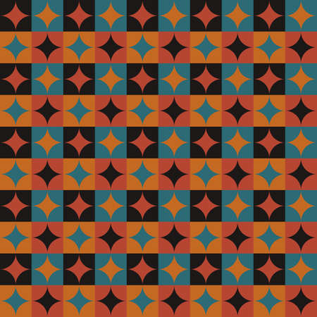 Retro geometric vintage seamless vector pattern illustration. Brown, blue, black shapes with optical illusion.のイラスト素材