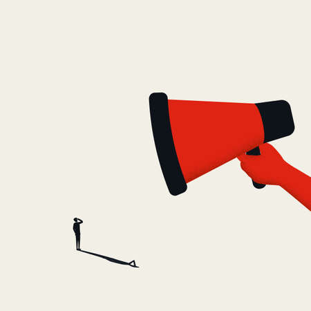 Employee being shout at with megaphone. Business vector concept, management, angry boss.の写真素材