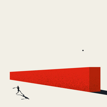Business challenge overcome vector concept with man hit baseball over wall. Symbol of achievement, ambition.のイラスト素材