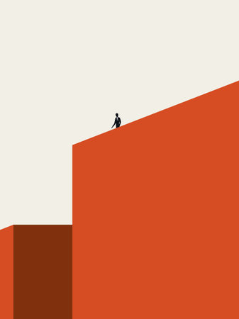 Solitude or loneliness vector illustration concept with man standing on top of building. Minimal...